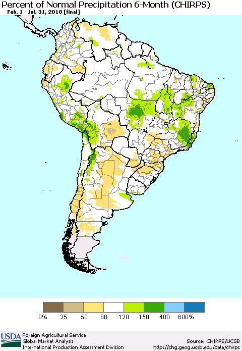 South America Percent of Normal Precipitation 6-Month (CHIRPS) Thematic Map For 2/1/2018 - 7/31/2018