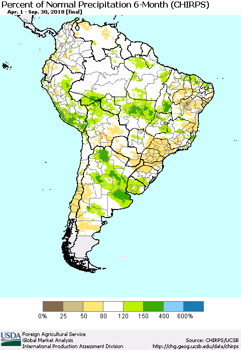 South America Percent of Normal Precipitation 6-Month (CHIRPS) Thematic Map For 4/1/2018 - 9/30/2018
