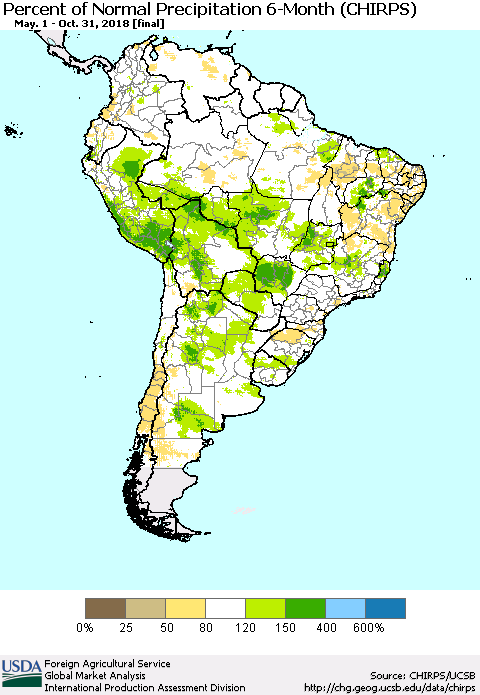 South America Percent of Normal Precipitation 6-Month (CHIRPS) Thematic Map For 5/1/2018 - 10/31/2018