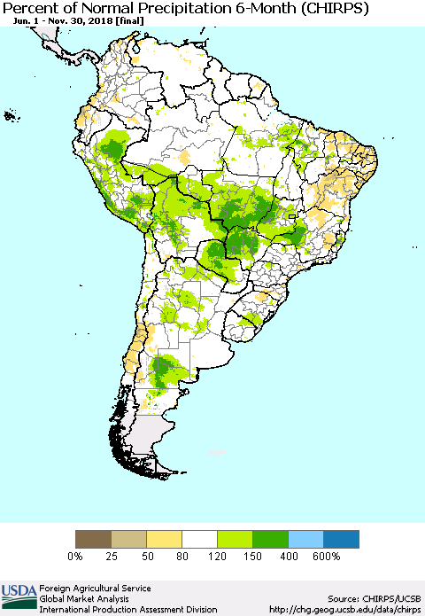 South America Percent of Normal Precipitation 6-Month (CHIRPS) Thematic Map For 6/1/2018 - 11/30/2018