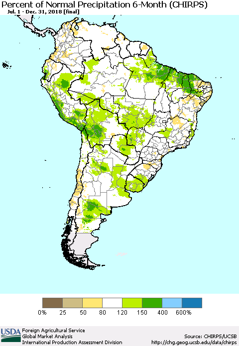 South America Percent of Normal Precipitation 6-Month (CHIRPS) Thematic Map For 7/1/2018 - 12/31/2018