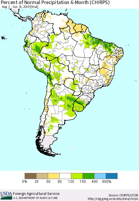 South America Percent of Normal Precipitation 6-Month (CHIRPS) Thematic Map For 8/1/2018 - 1/31/2019
