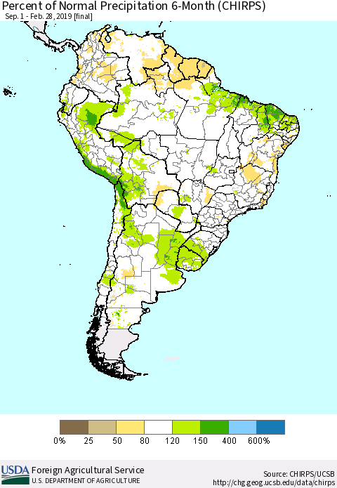 South America Percent of Normal Precipitation 6-Month (CHIRPS) Thematic Map For 9/1/2018 - 2/28/2019