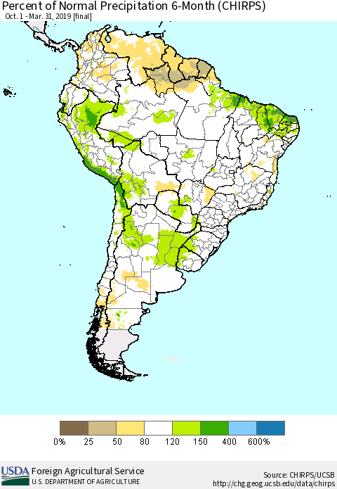South America Percent of Normal Precipitation 6-Month (CHIRPS) Thematic Map For 10/1/2018 - 3/31/2019