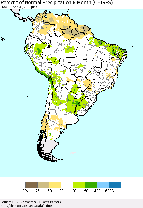 South America Percent of Normal Precipitation 6-Month (CHIRPS) Thematic Map For 11/1/2018 - 4/30/2019