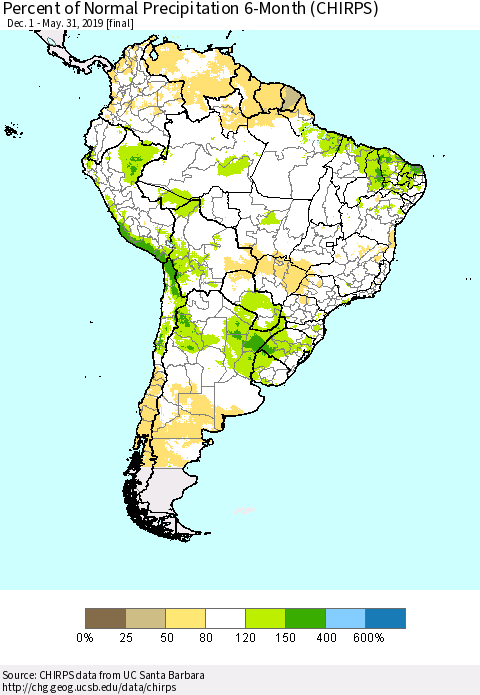 South America Percent of Normal Precipitation 6-Month (CHIRPS) Thematic Map For 12/1/2018 - 5/31/2019