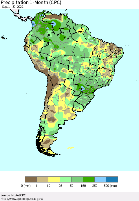 South America Precipitation 1-Month (CPC) Thematic Map For 9/1/2022 - 9/30/2022