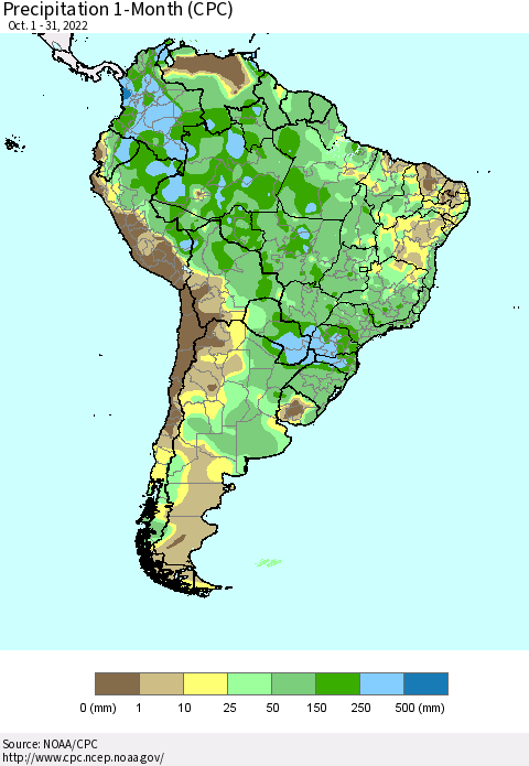 South America Precipitation 1-Month (CPC) Thematic Map For 10/1/2022 - 10/31/2022