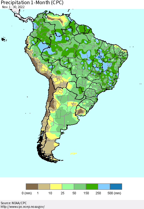 South America Precipitation 1-Month (CPC) Thematic Map For 11/1/2022 - 11/30/2022
