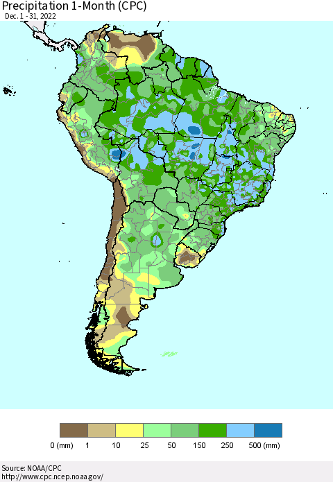 South America Precipitation 1-Month (CPC) Thematic Map For 12/1/2022 - 12/31/2022