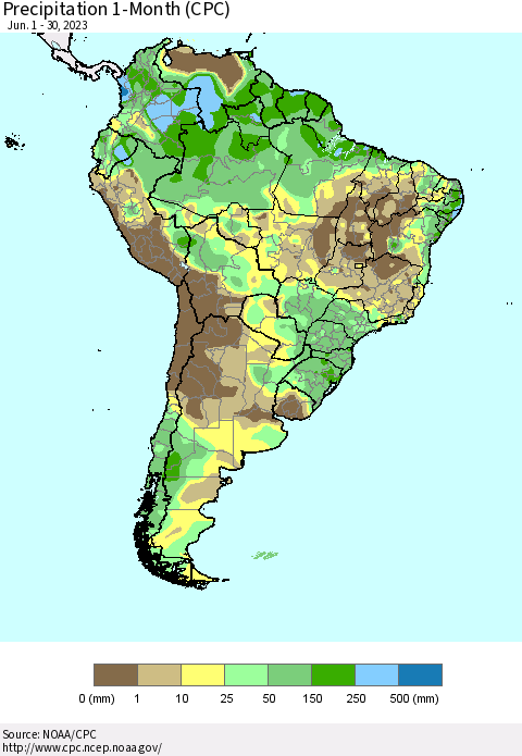 South America Precipitation 1-Month (CPC) Thematic Map For 6/1/2023 - 6/30/2023