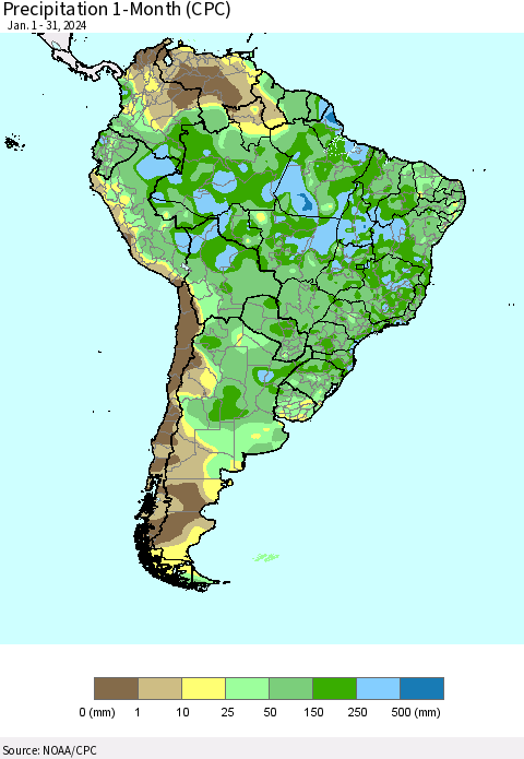 South America Precipitation 1-Month (CPC) Thematic Map For 1/1/2024 - 1/31/2024