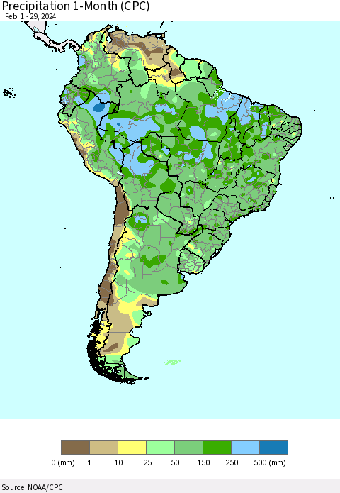South America Precipitation 1-Month (CPC) Thematic Map For 2/1/2024 - 2/29/2024