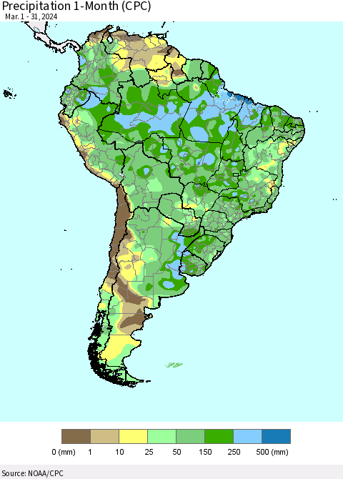 South America Precipitation 1-Month (CPC) Thematic Map For 3/1/2024 - 3/31/2024