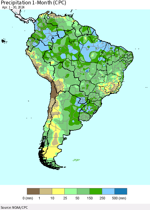 South America Precipitation 1-Month (CPC) Thematic Map For 4/1/2024 - 4/30/2024
