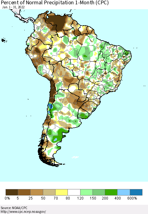 South America Percent of Normal Precipitation 1-Month (CPC) Thematic Map For 1/1/2022 - 1/31/2022