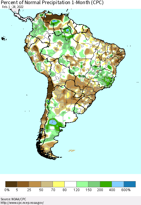 South America Percent of Normal Precipitation 1-Month (CPC) Thematic Map For 2/1/2022 - 2/28/2022