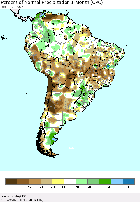 South America Percent of Normal Precipitation 1-Month (CPC) Thematic Map For 4/1/2022 - 4/30/2022