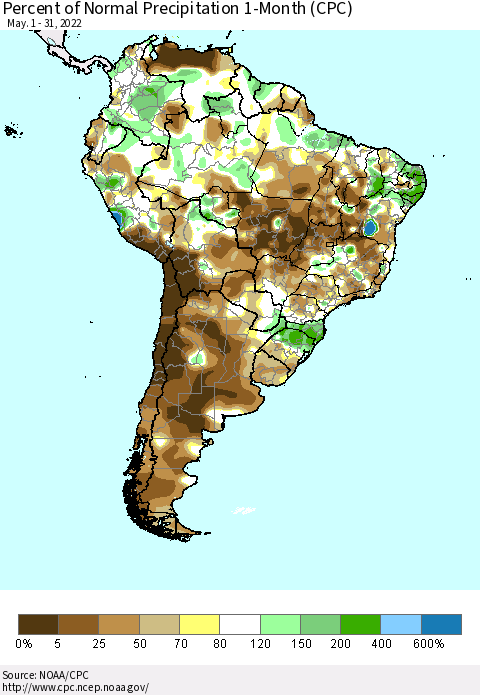 South America Percent of Normal Precipitation 1-Month (CPC) Thematic Map For 5/1/2022 - 5/31/2022