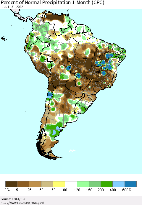 South America Percent of Normal Precipitation 1-Month (CPC) Thematic Map For 7/1/2022 - 7/31/2022