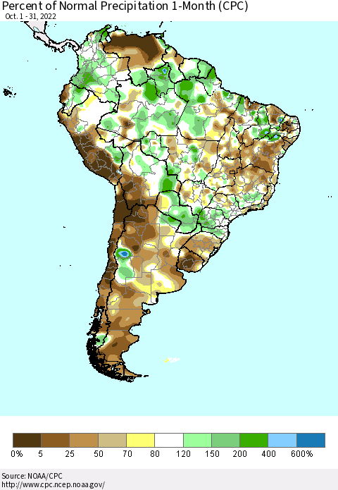 South America Percent of Normal Precipitation 1-Month (CPC) Thematic Map For 10/1/2022 - 10/31/2022