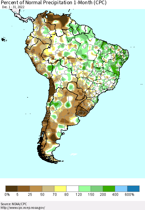 South America Percent of Normal Precipitation 1-Month (CPC) Thematic Map For 12/1/2022 - 12/31/2022