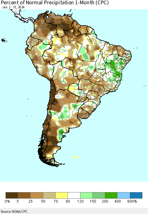 South America Percent of Normal Precipitation 1-Month (CPC) Thematic Map For 1/1/2024 - 1/31/2024