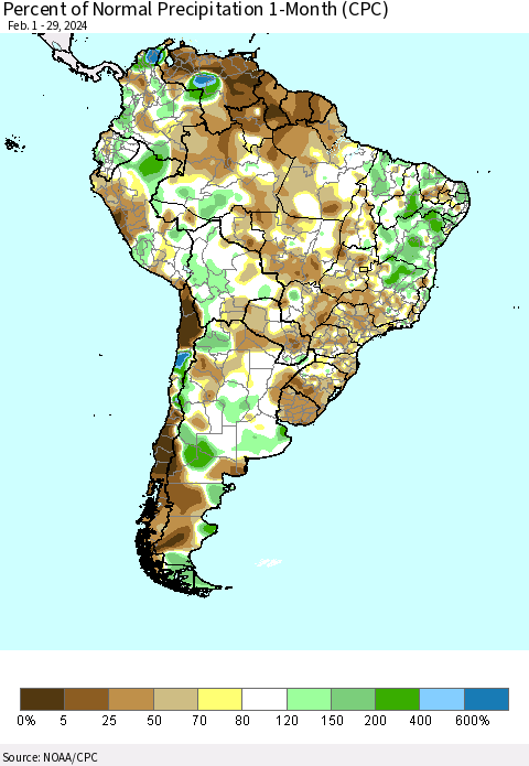 South America Percent of Normal Precipitation 1-Month (CPC) Thematic Map For 2/1/2024 - 2/29/2024