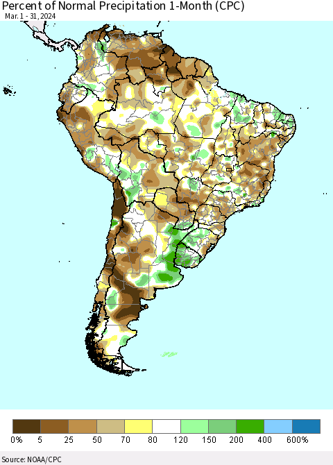 South America Percent of Normal Precipitation 1-Month (CPC) Thematic Map For 3/1/2024 - 3/31/2024