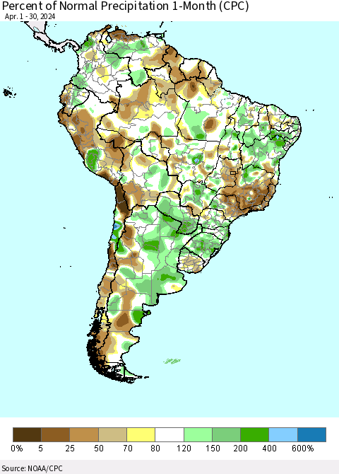 South America Percent of Normal Precipitation 1-Month (CPC) Thematic Map For 4/1/2024 - 4/30/2024