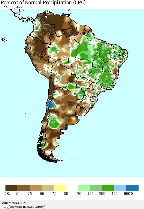 South America Percent of Normal Precipitation (CPC) Thematic Map For 1/3/2022 - 1/9/2022