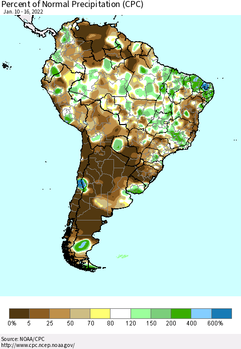 South America Percent of Normal Precipitation (CPC) Thematic Map For 1/10/2022 - 1/16/2022