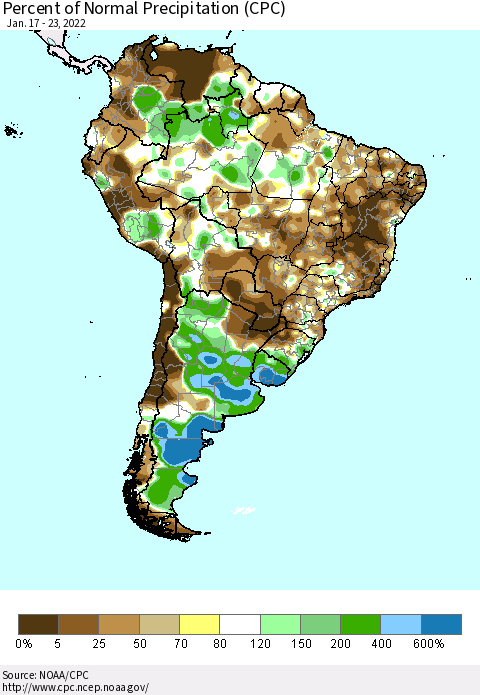 South America Percent of Normal Precipitation (CPC) Thematic Map For 1/17/2022 - 1/23/2022