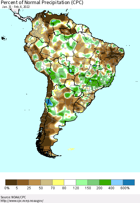 South America Percent of Normal Precipitation (CPC) Thematic Map For 1/31/2022 - 2/6/2022