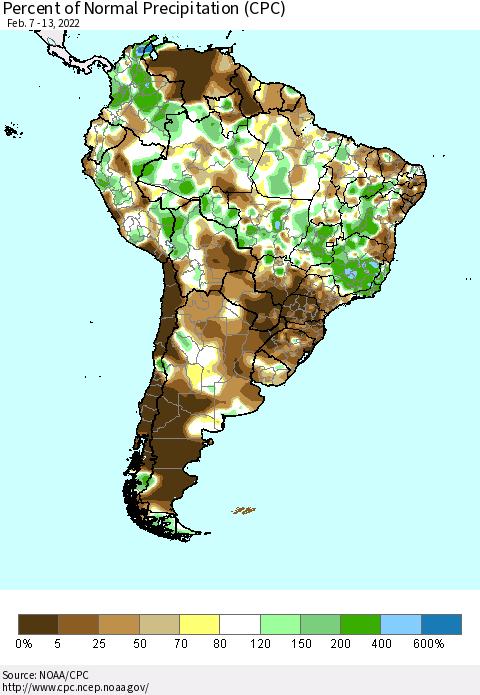 South America Percent of Normal Precipitation (CPC) Thematic Map For 2/7/2022 - 2/13/2022