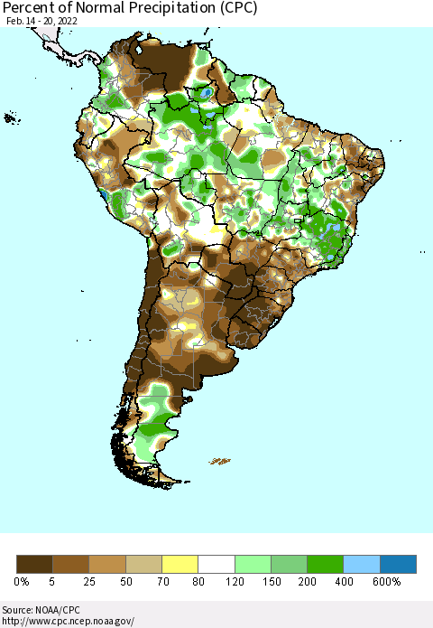 South America Percent of Normal Precipitation (CPC) Thematic Map For 2/14/2022 - 2/20/2022