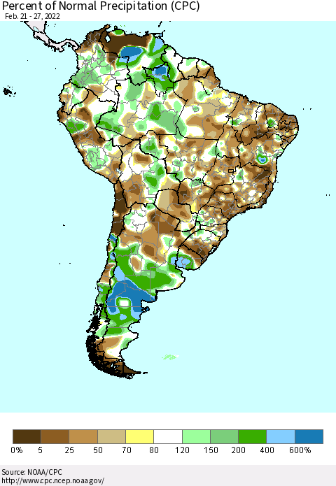 South America Percent of Normal Precipitation (CPC) Thematic Map For 2/21/2022 - 2/27/2022