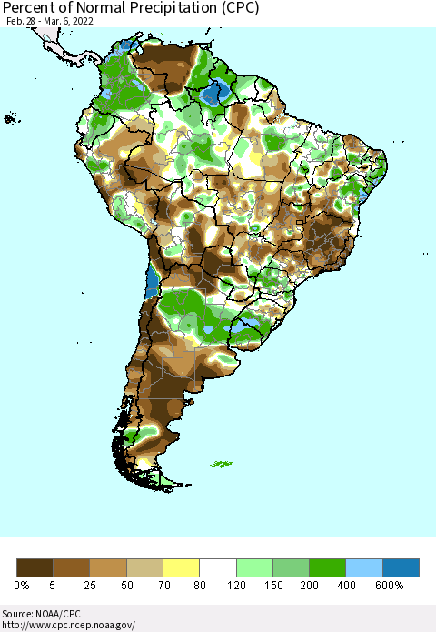 South America Percent of Normal Precipitation (CPC) Thematic Map For 2/28/2022 - 3/6/2022