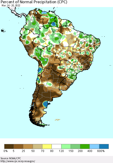 South America Percent of Normal Precipitation (CPC) Thematic Map For 3/14/2022 - 3/20/2022