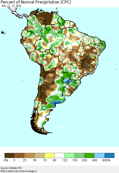 South America Percent of Normal Precipitation (CPC) Thematic Map For 3/21/2022 - 3/27/2022
