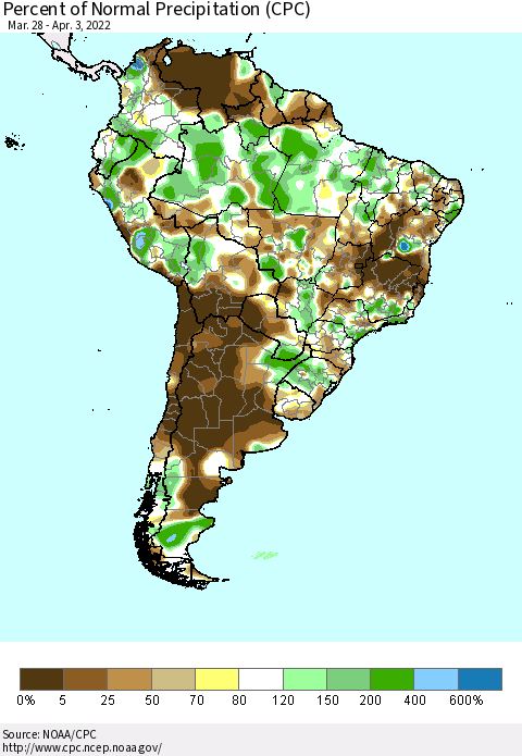 South America Percent of Normal Precipitation (CPC) Thematic Map For 3/28/2022 - 4/3/2022