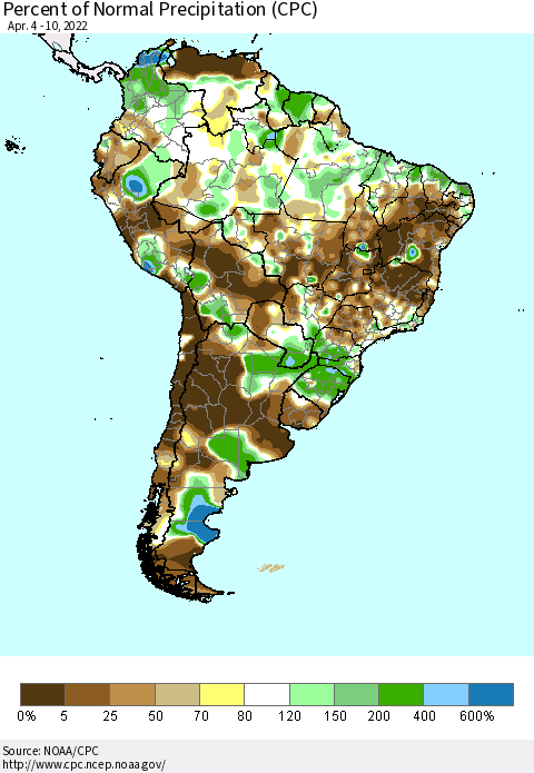 South America Percent of Normal Precipitation (CPC) Thematic Map For 4/4/2022 - 4/10/2022
