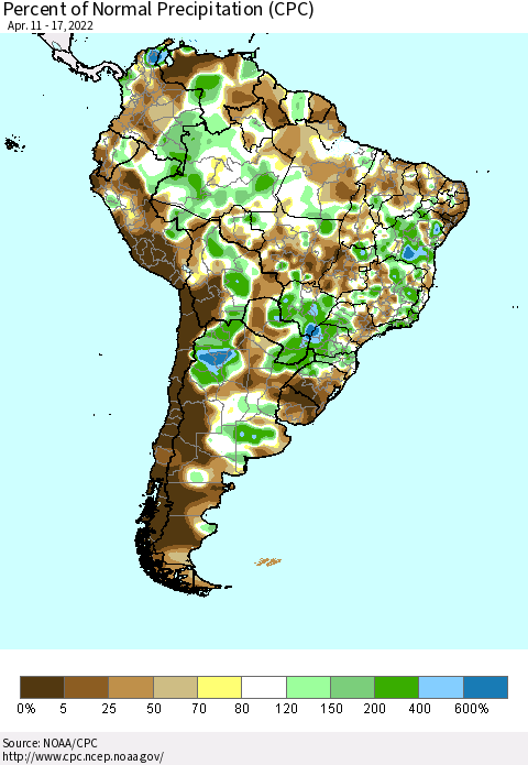 South America Percent of Normal Precipitation (CPC) Thematic Map For 4/11/2022 - 4/17/2022