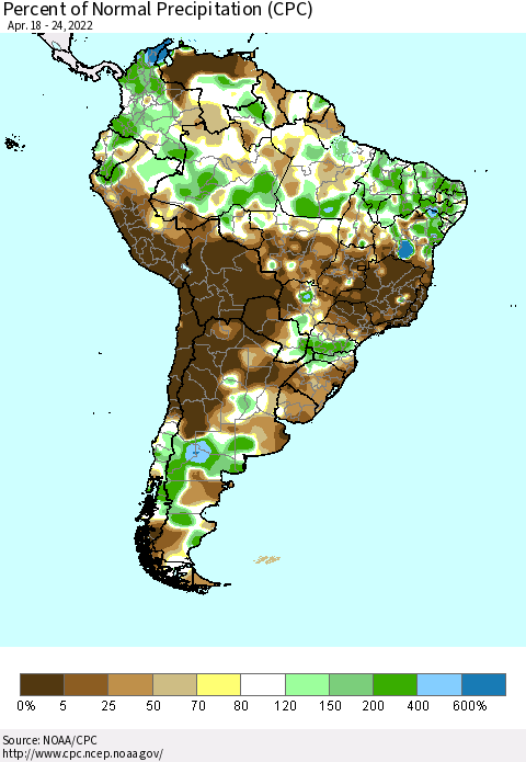South America Percent of Normal Precipitation (CPC) Thematic Map For 4/18/2022 - 4/24/2022