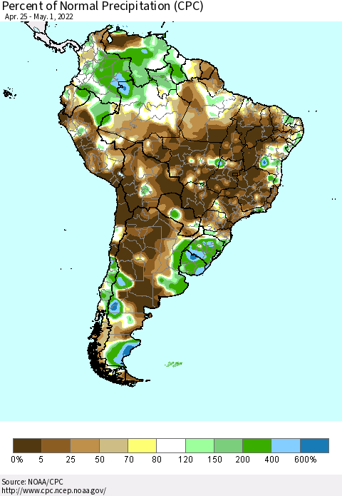 South America Percent of Normal Precipitation (CPC) Thematic Map For 4/25/2022 - 5/1/2022