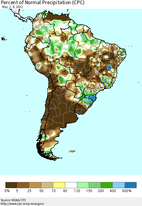 South America Percent of Normal Precipitation (CPC) Thematic Map For 5/2/2022 - 5/8/2022
