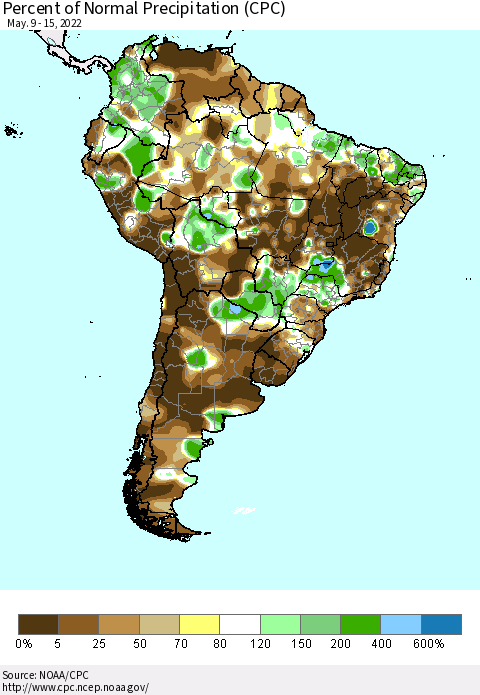 South America Percent of Normal Precipitation (CPC) Thematic Map For 5/9/2022 - 5/15/2022