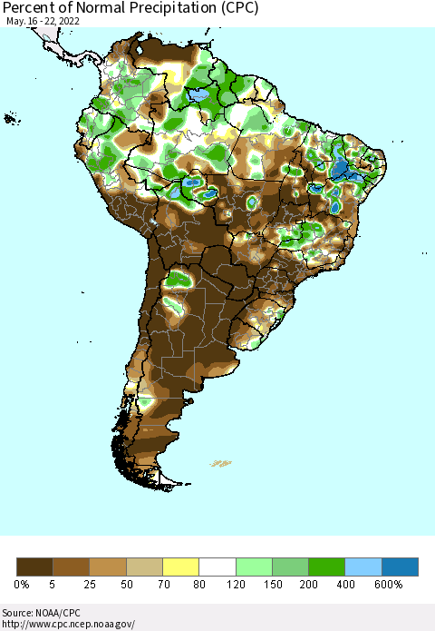 South America Percent of Normal Precipitation (CPC) Thematic Map For 5/16/2022 - 5/22/2022