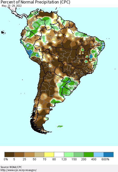 South America Percent of Normal Precipitation (CPC) Thematic Map For 5/23/2022 - 5/29/2022