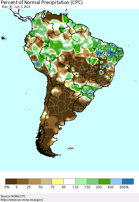 South America Percent of Normal Precipitation (CPC) Thematic Map For 5/30/2022 - 6/5/2022